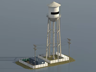 White Water Tower With Tall Support Legs Fence Utility Poles And Small Building 3d model