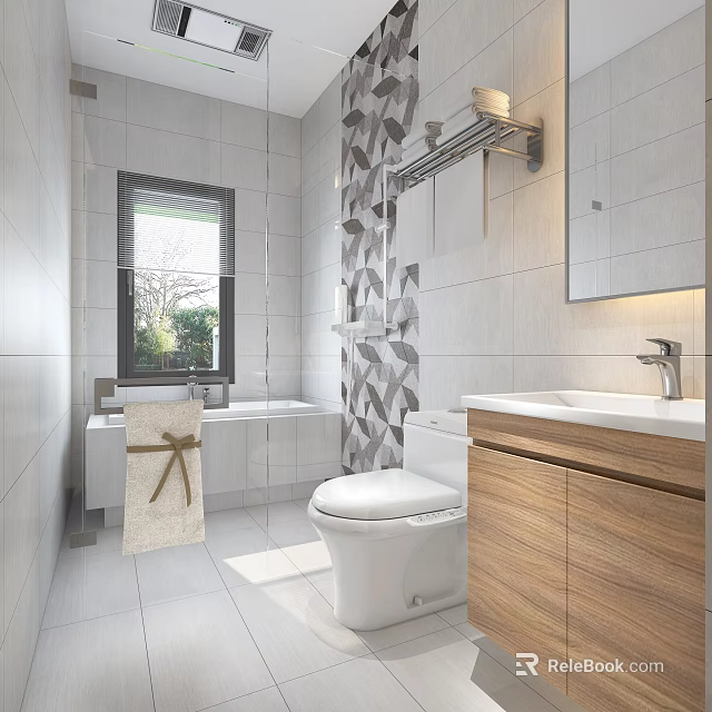 Modern Bathroom Interior Design With White Tiles Geometric Pattern Wall Wooden Cabinet And Mirror 3d model 