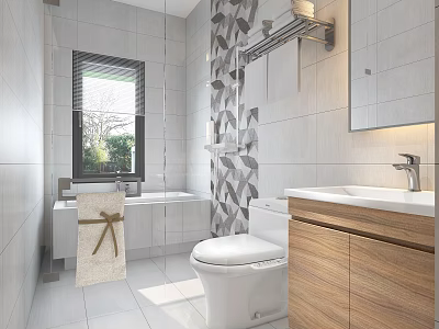 Modern Bathroom Interior Design With White Tiles Geometric Pattern Wall Wooden Cabinet And Mirror 3d model