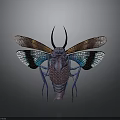 Vibrant Insect with Colorful Shiny Wings Horned Antennae and Net Like Body on Gray Background