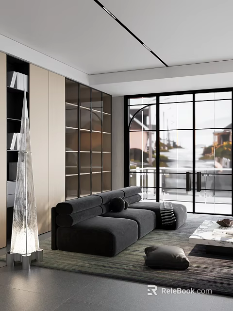Modern Living Room Interior With Gray Sofa Glass Sliding Doors Outdoor View And Storage Cabinet 3d model 