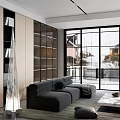 Modern Living Room Interior With Gray Sofa Glass Sliding Doors Outdoor View And Storage Cabinet