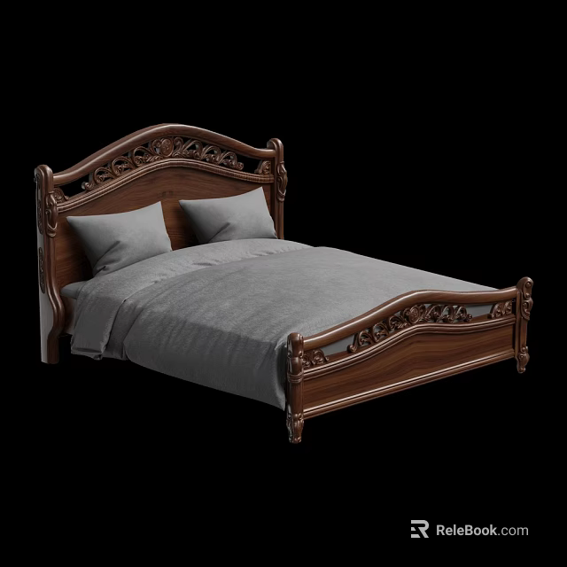 Traditional Wooden Double Bed Frame With Carved Headboard And Gray Bedding 3d model 