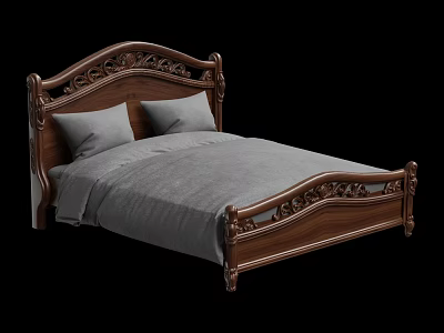 Traditional Wooden Double Bed Frame With Carved Headboard And Gray Bedding 3d model