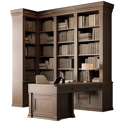 Classic Study Room Interior With Tall Bookshelves Full Of Books Wooden Desk And Table Lamp 3d model