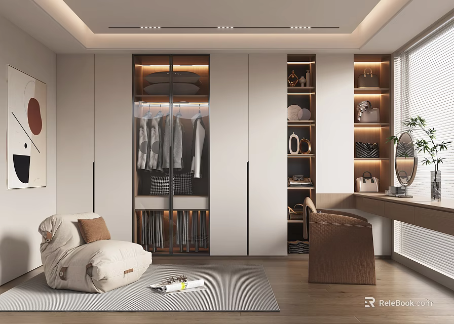 Modern Walk In Closet Interior Design With Lighting And Seating 3d model 