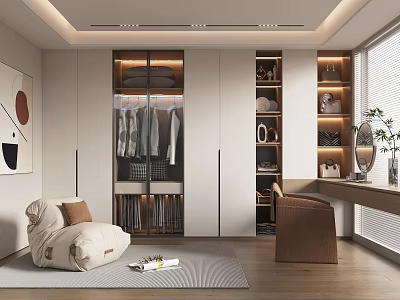 Modern Walk In Closet Interior Design With Lighting And Seating 3d model