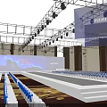 Fashion Stage With Blue Background Screens FENGWENA Branding Spotlights And Audience Seats