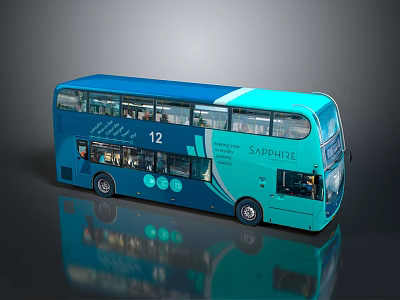 Modern Double Decker Bus With Blue And Teal Exterior Route 12 Sapphire Branding 3d model
