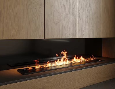 Modern Fireplace With Burning Fire Flames And Wooden Cabinets In Interior Design 3d model