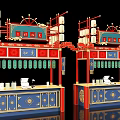 Traditional Chinese Style Storefront With Red Frames Blue Decorations And Hanging Lanterns 3d model