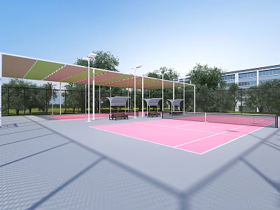 Modern Outdoor Basketball Court With Pink Surface Canopy Shade And Trees 3d model