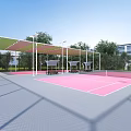 Modern Outdoor Basketball Court With Pink Surface Canopy Shade And Trees
