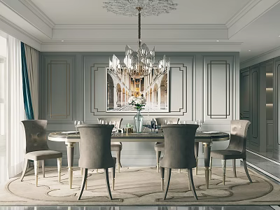 Elegant Restaurant Interior With Crystal Chandelier Round Dining Table And Decorative Walls 3d model