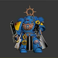 Blue Warrior Figure With Yellow Shoulder Armor And Halo Head Dual Guns And Skull Decoration