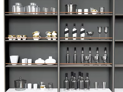 Modern Kitchen Utensils Arranged on Gray Shelves with Glasses Bowls and Bottles 3d model