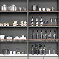 Modern Kitchen Utensils Arranged on Gray Shelves with Glasses Bowls and Bottles