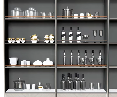 Modern Kitchen Utensils Arranged on Gray Shelves with Glasses Bowls and Bottles 3d model