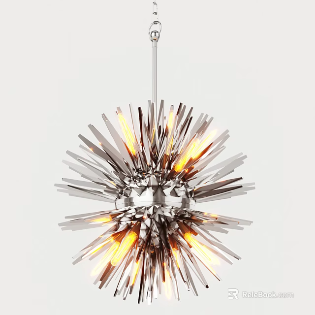 Modern Metallic Spherical Chandelier With Spike Like Bars And Illuminated Yellow Bulbs 3d model 