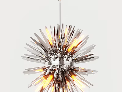 Modern Metallic Spherical Chandelier With Spike Like Bars And Illuminated Yellow Bulbs 3d model
