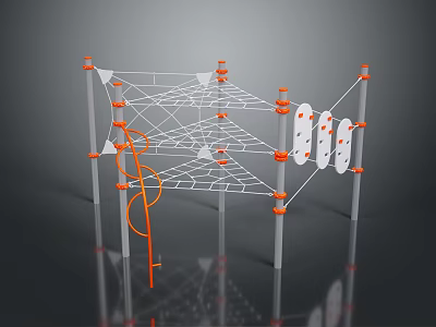 Outdoor Climbing Playground Structure With Orange White Net Ladder And Poles 3d model