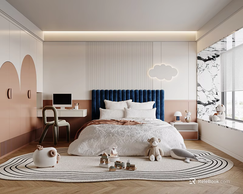 Kids Bedroom With Blue Headboard Bed Desk Stuffed Toys Cloud Lamp And Soft Rug 3d model 