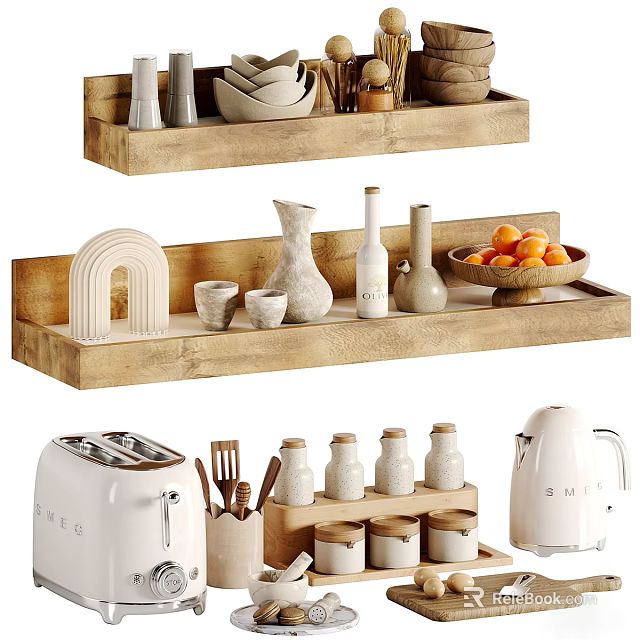 Modern Bathroom Accessories Set Including Wooden Storage Racks Hooks And Organizer Trays 3d model 