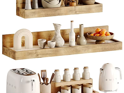 Modern Bathroom Accessories Set Including Wooden Storage Racks Hooks And Organizer Trays 3d model
