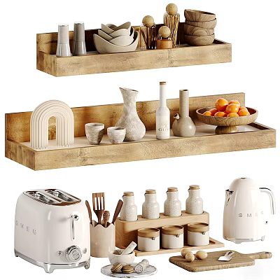 Modern Bathroom Accessories Set Including Wooden Storage Racks Hooks And Organizer Trays 3d model