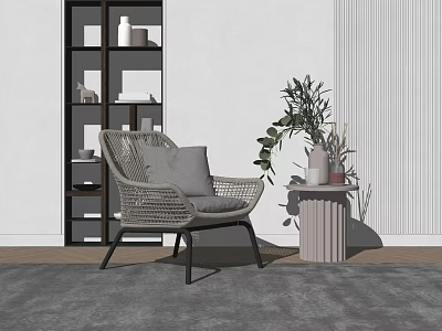 Rattan Leisure Chair With Gray Cushion By Side Table And Green Plant On Gray Rug 3d model
