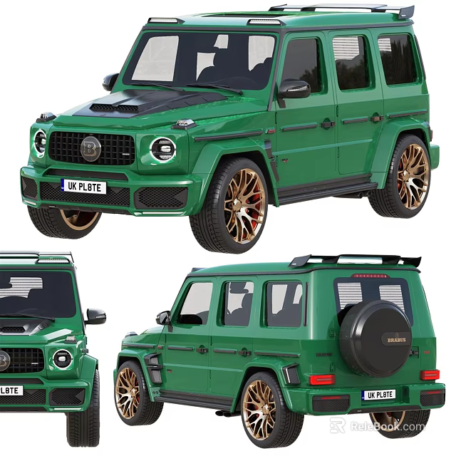Green Luxury SUV With Golden Wheels Black Roof Rack And Spare Tire Cover 3d model 