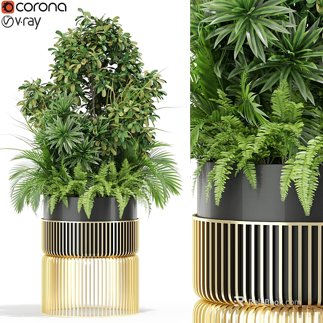 Decorative Ornament Set with Green Plants Ferns and Gold Black Stand 3d model 