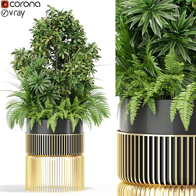 Decorative Ornament Set with Green Plants Ferns and Gold Black Stand 3d model