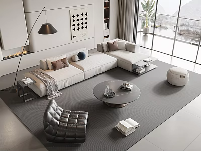 Modern Living Room Sectional Sofa And Coffee Table With Pillows On Rug Near Large Windows 3d model