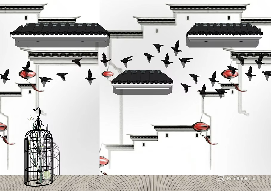Traditional Chinese Architectural Components with Classic Roof Eaves Black Tiles and Red Lanterns 3d model 