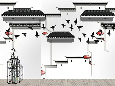 Traditional Chinese Architectural Components with Classic Roof Eaves Black Tiles and Red Lanterns 3d model