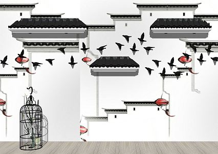 New Chinese Eaves Tiles Wall Decorations Birdcage Ornaments Combination 3d model