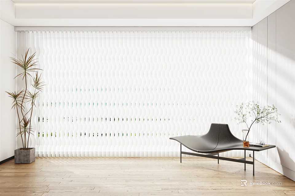 White Textured Curtain In Modern Living Room With Black Lounge Chair And Potted Plant 3d model 