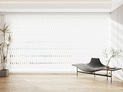 White Textured Curtain In Modern Living Room With Black Lounge Chair And Potted Plant 3d model