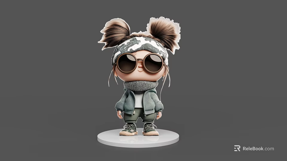 Cartoon Style Game And Movie Character With Double Bun Hairstyle Sunglasses Scarf And Jacket 3d model 