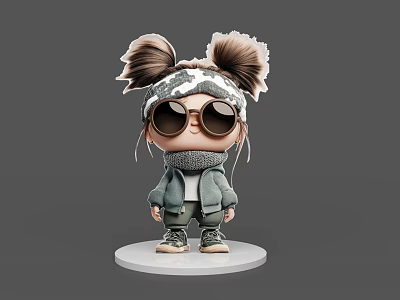 Cartoon Style Game And Movie Character With Double Bun Hairstyle Sunglasses Scarf And Jacket 3d model