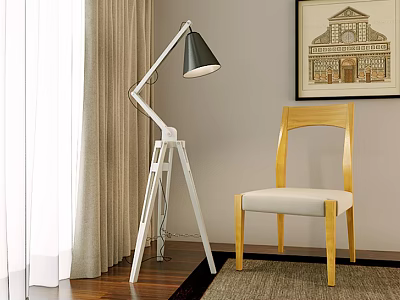 Comfortable Leisure Chair With Wooden Frame Beige Cushion And Floor Lamp In Room 3d model