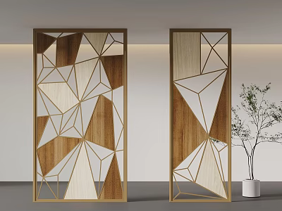 Modern Geometric Wooden Room Dividers With Abstract Patterns And Potted Plant 3d model