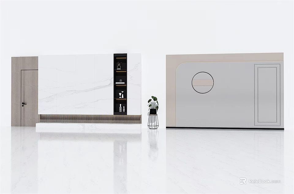 Modern Sofa Background Wall Design With Marble Surface And Floating Shelves 3d model