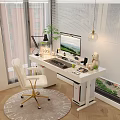 White Desk Setup With Computer Monitor Desk Lamp Teddy Bear And City View Through Window