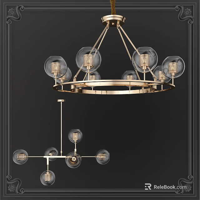 Elegant Modern Hanging Chandelier With Brass Frame And Glass Globe Shades 3d model 