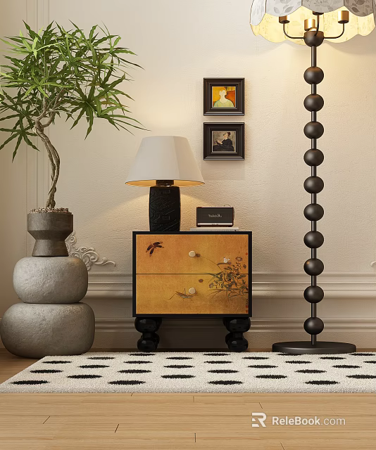 Wooden Nightstand With Floral Drawer Table Lamp Green Plant And Spherical Floor Lamp 3d model 