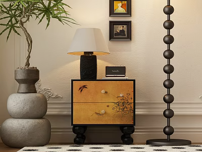 Wooden Nightstand With Floral Drawer Table Lamp Green Plant And Spherical Floor Lamp 3d model