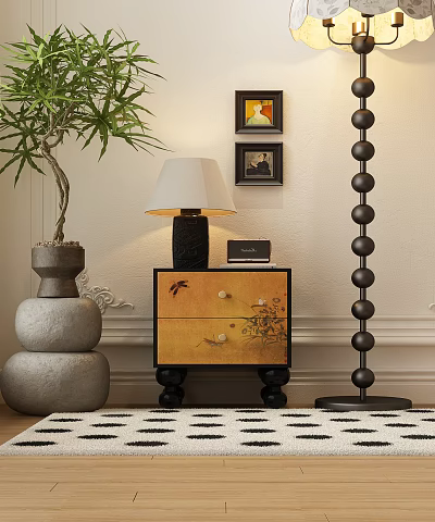 Wooden Nightstand With Floral Drawer Table Lamp Green Plant And Spherical Floor Lamp 3d model