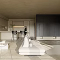 Modern Living Dining Room Interior With Large Windows Blinds Sofa Fireplace And Natural Light